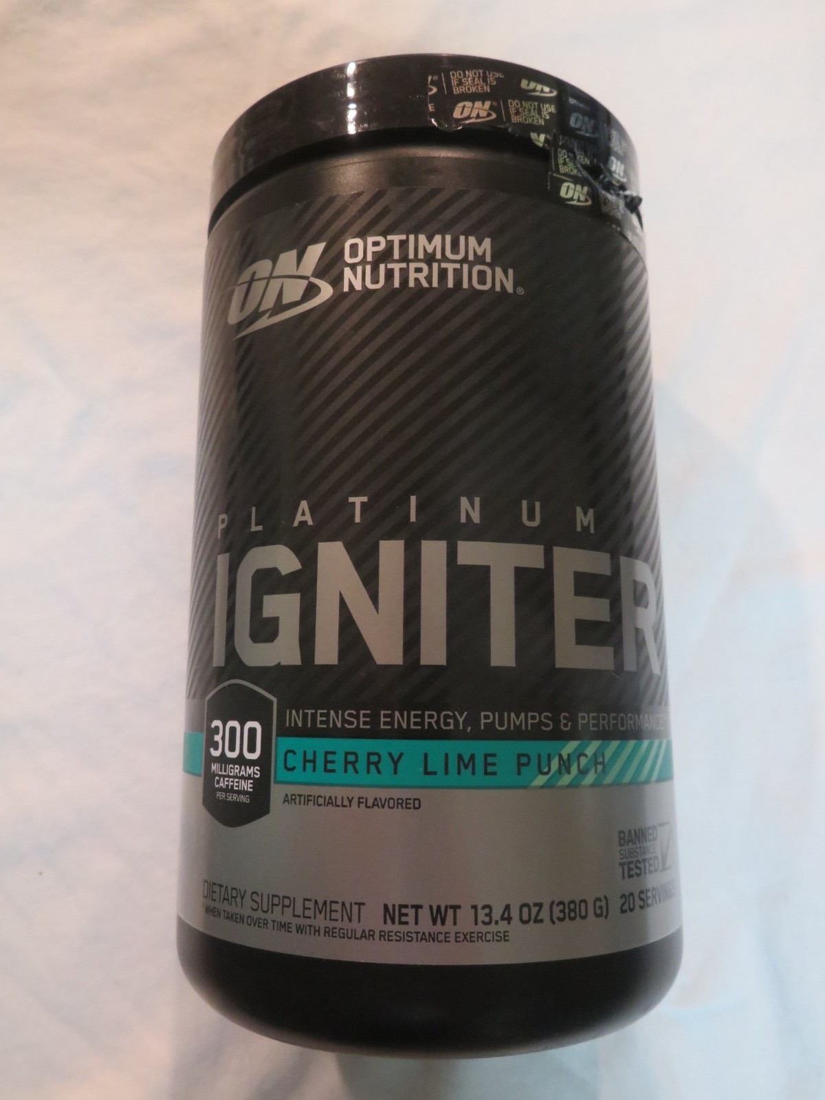 Optimum Nutrition Platinum Igniter 13.4 Oz 20 Servings Cherry Lime Punch OPENED
