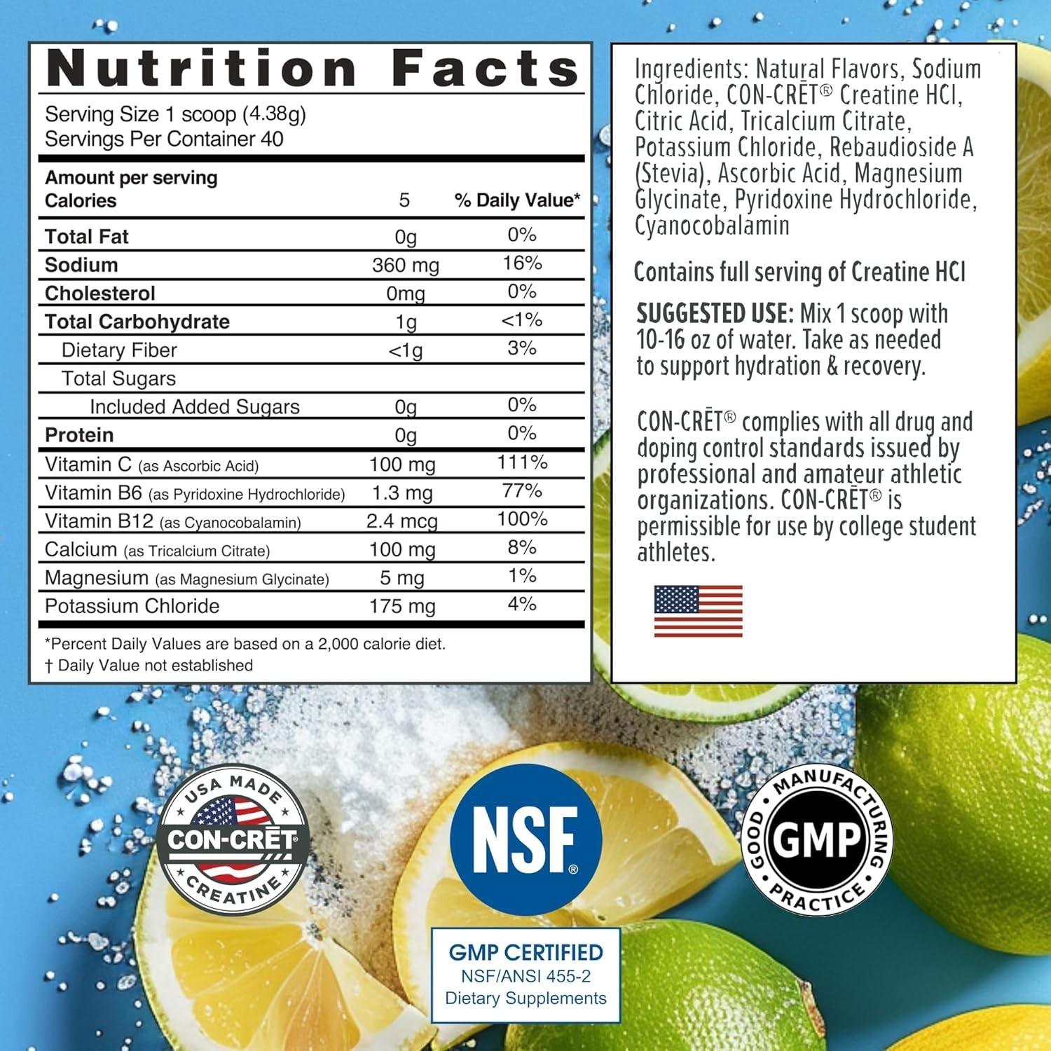 Con-Cret Creatine HCl + Hydration – Lemon Lime 175.2 grams