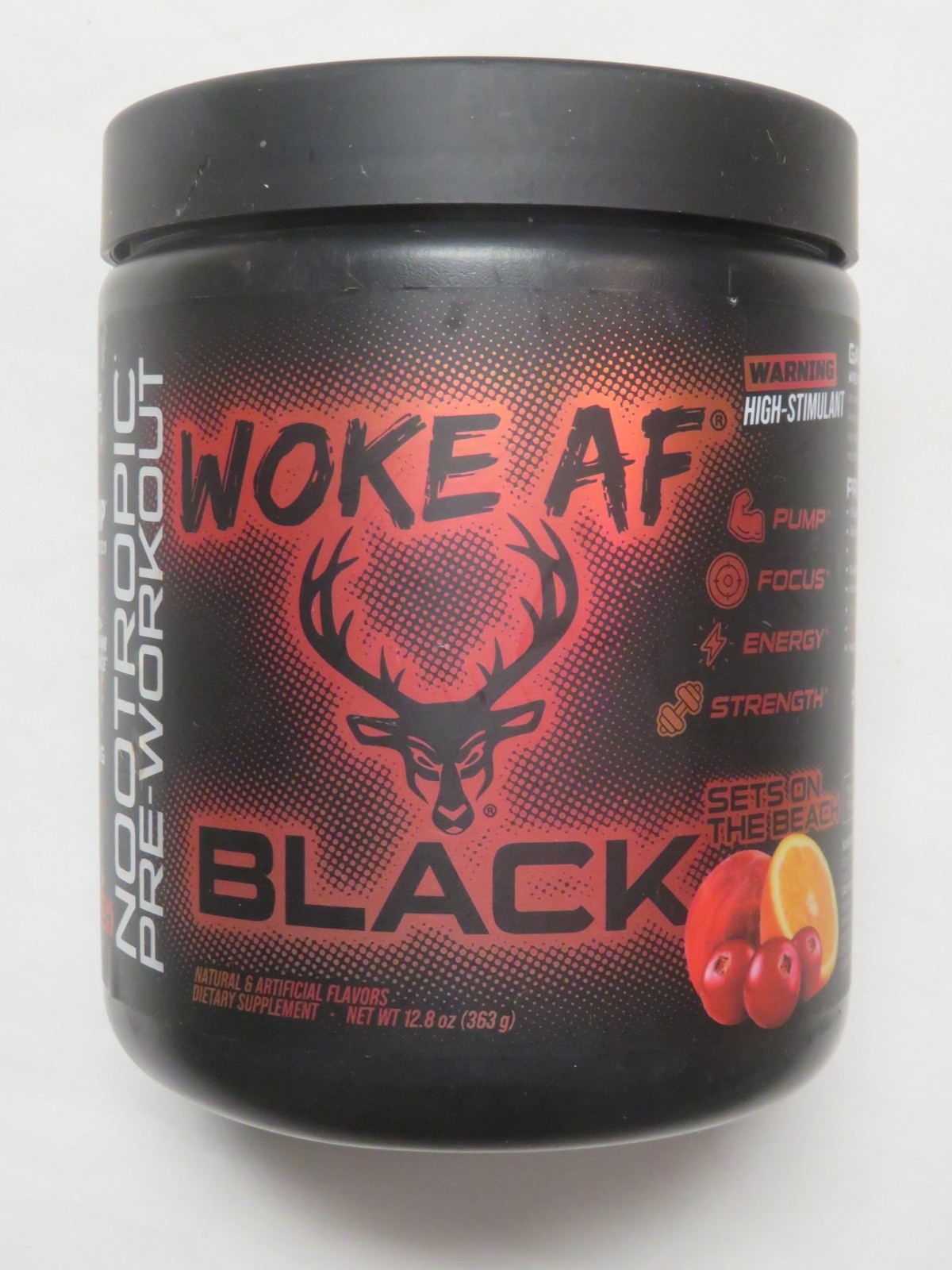 Bucked Up Woke AF Black Nootropic Pre Workout 12.8 Oz 30 Servs Sets On The Beach