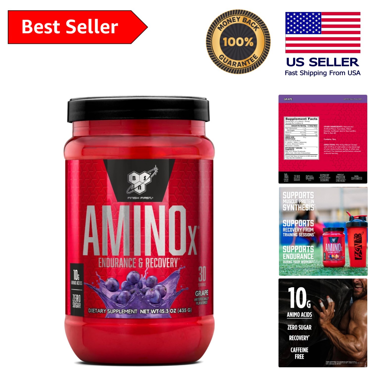 AMINOx BCAA Powder for Muscle Recovery & Endurance – 15.34 Oz Grape Flavor