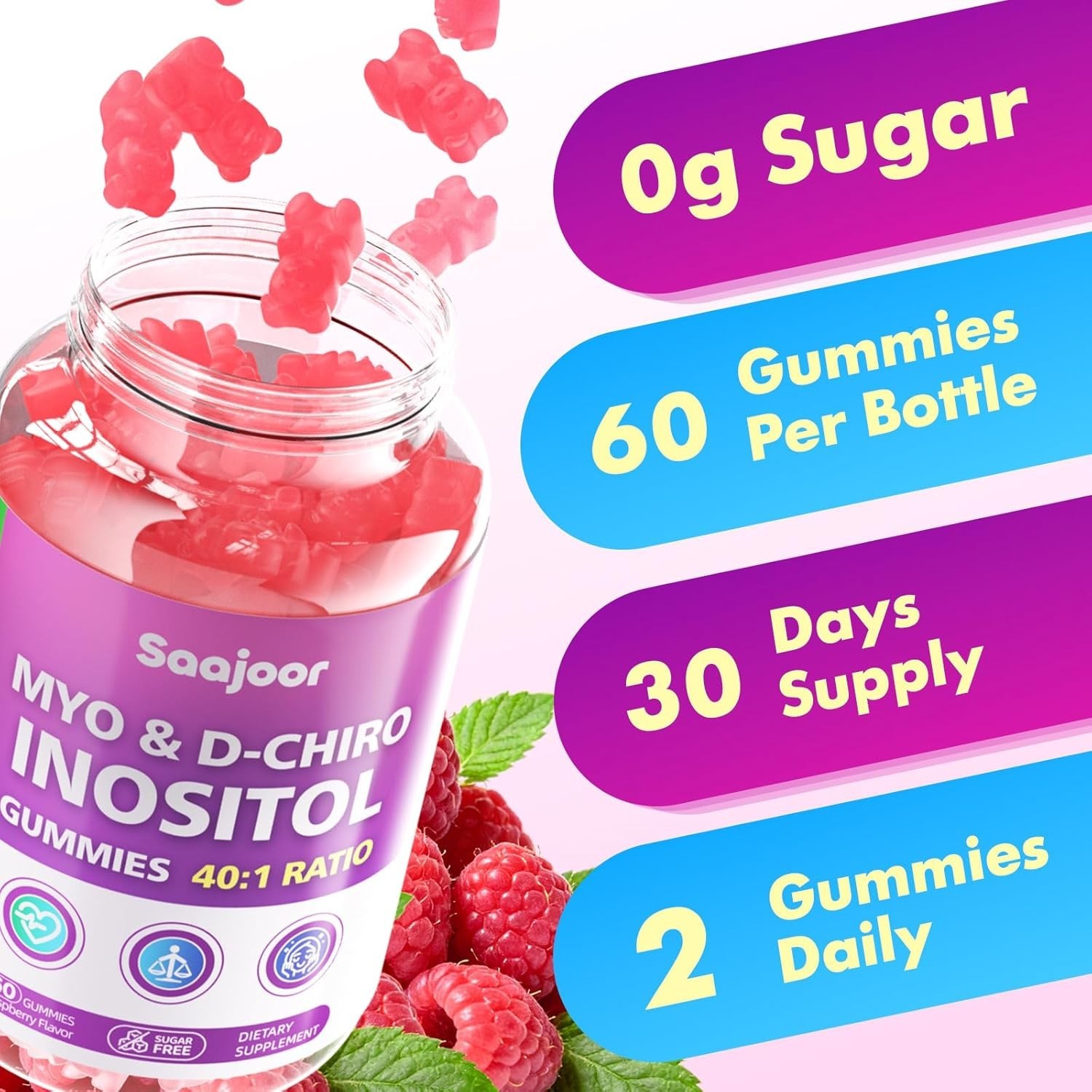 Saajoor Myo-Inositol & D-Chiro-Inositol Gummies with Vitamin D3, Magnesium