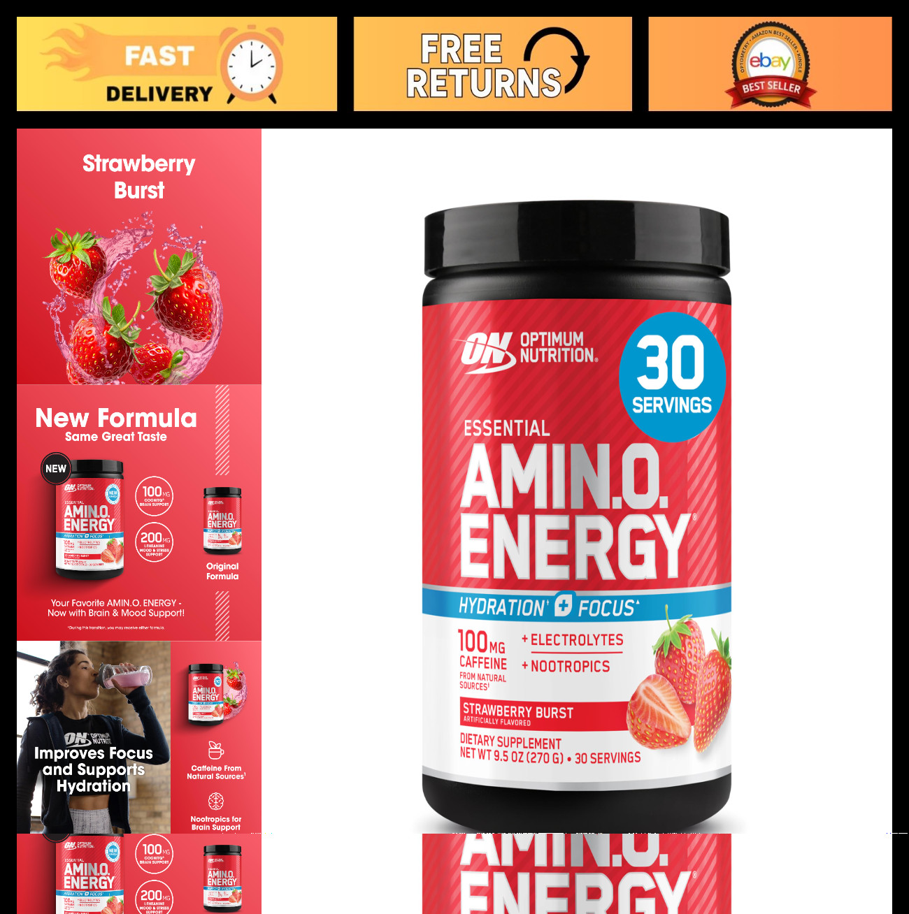 Amino Energy Powder with BCAA, Electrolytes & Caffeine – Juicy Strawberry, 30 Se