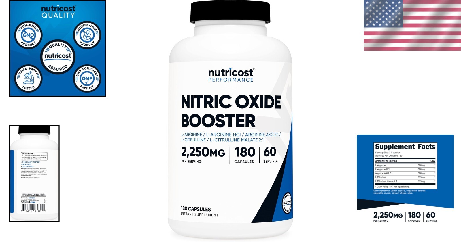 Vascular Health Support: Nitric Oxide Booster 2250mg in 180 Gluten-Free Capsules