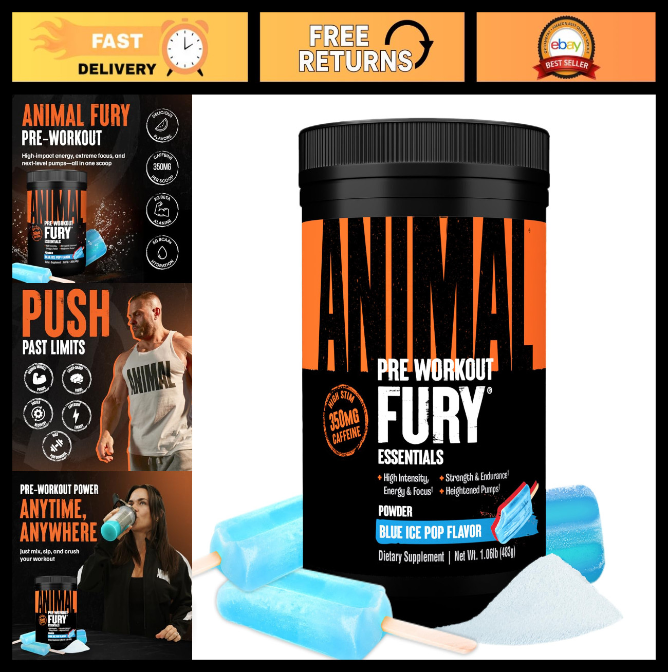 Pre Workout Powder – Blue Ice Pop, 350mg Caffeine, BCAA, Beta Alanine, Energy &