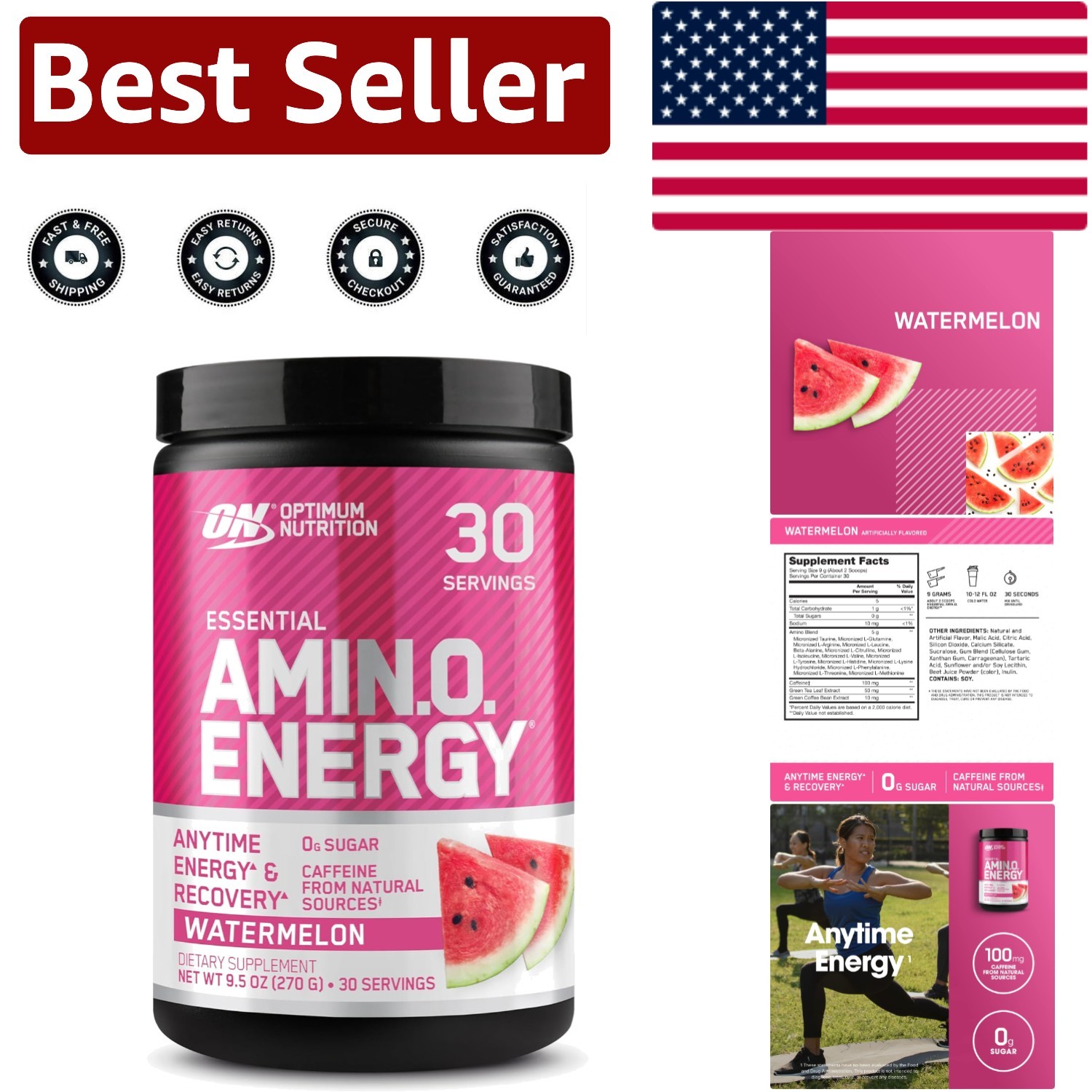 Amino Energy Pre Workout – Watermelon Flavor, Keto-Friendly Energy Boost