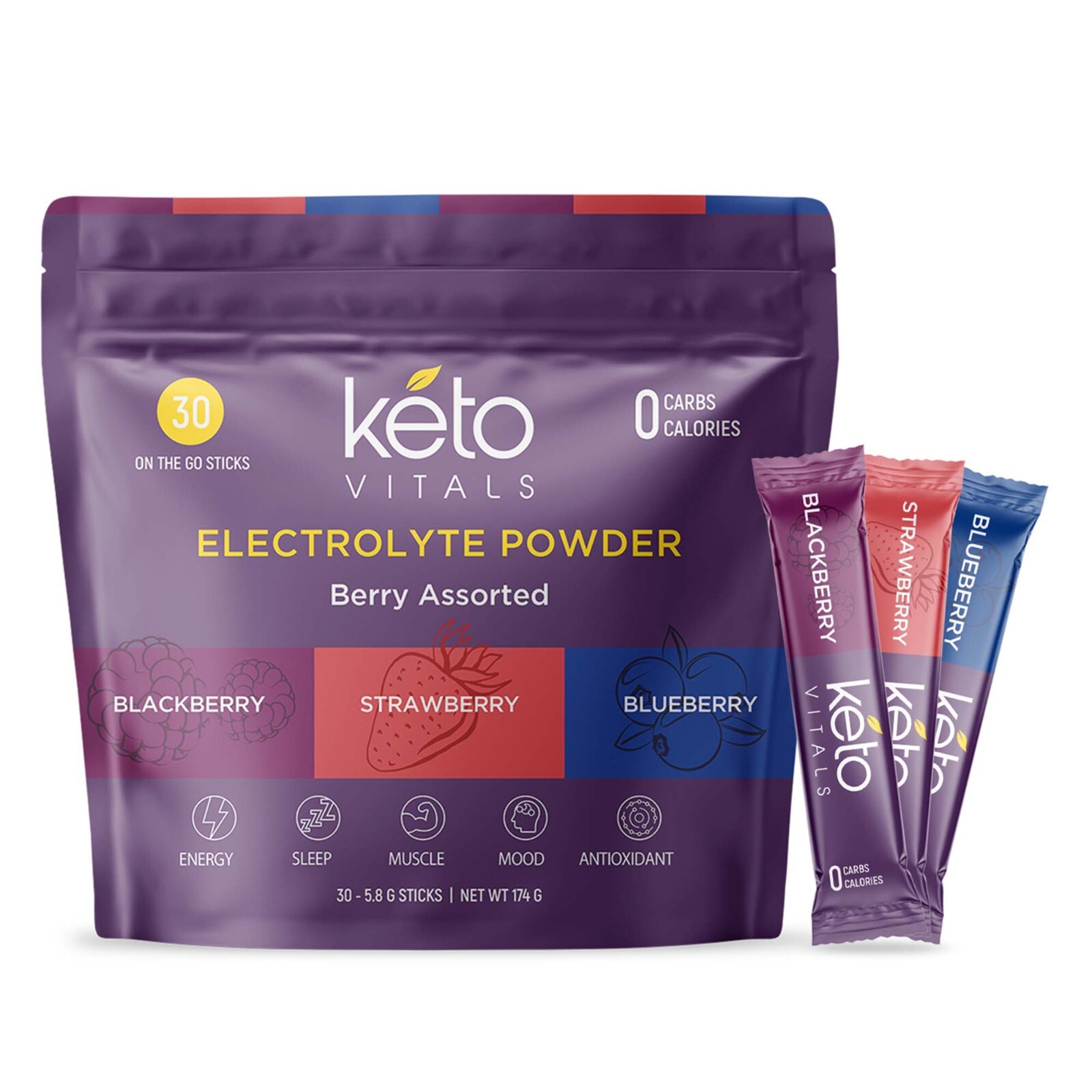 Keto Vitals Berry Antioxidant Electrolyte Powder Stick Packs – 30 CT