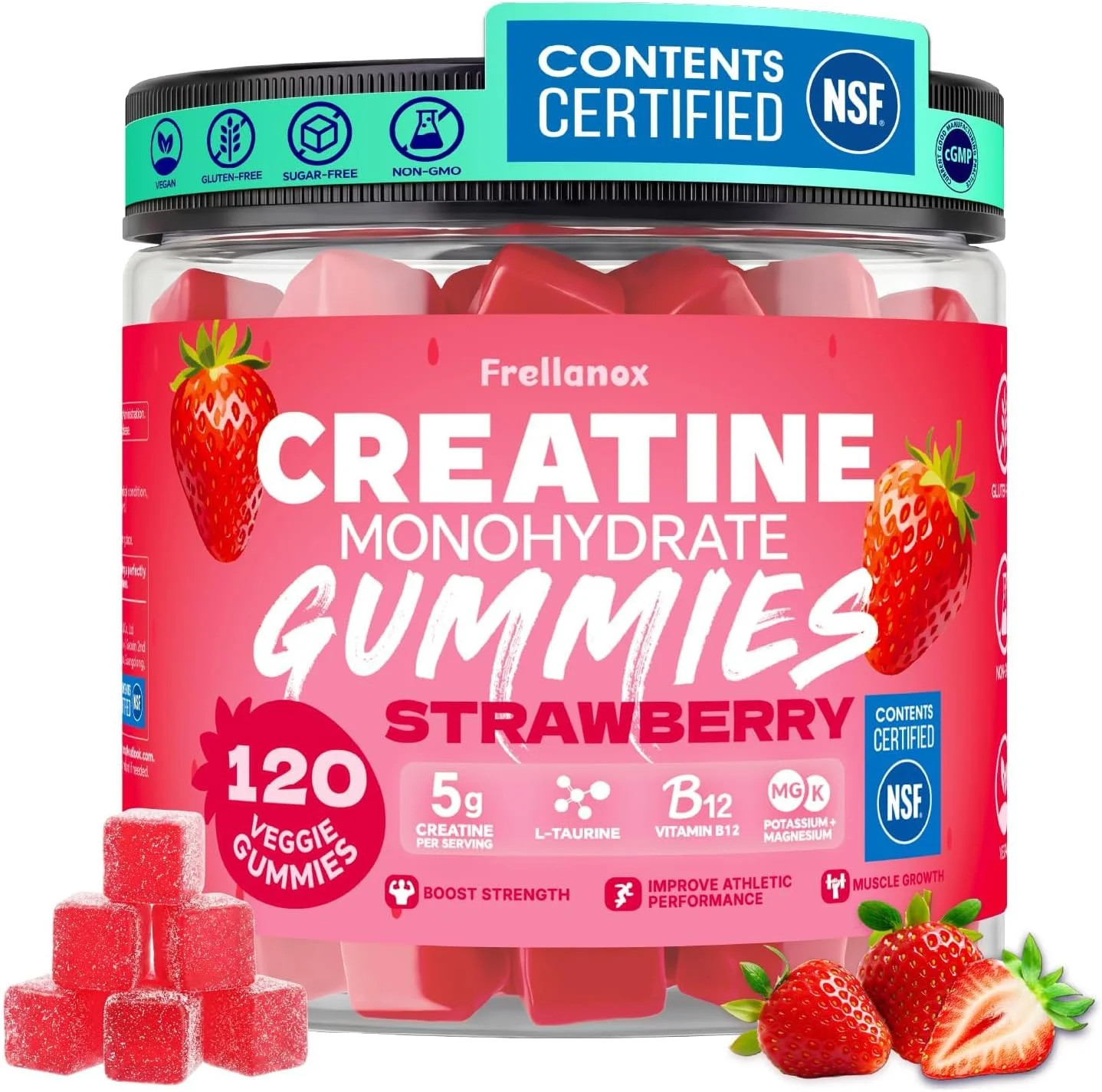 Creatine Monohydrate Gummies 5000mg for Women & Men, Strawberry, 120 Count | NSF