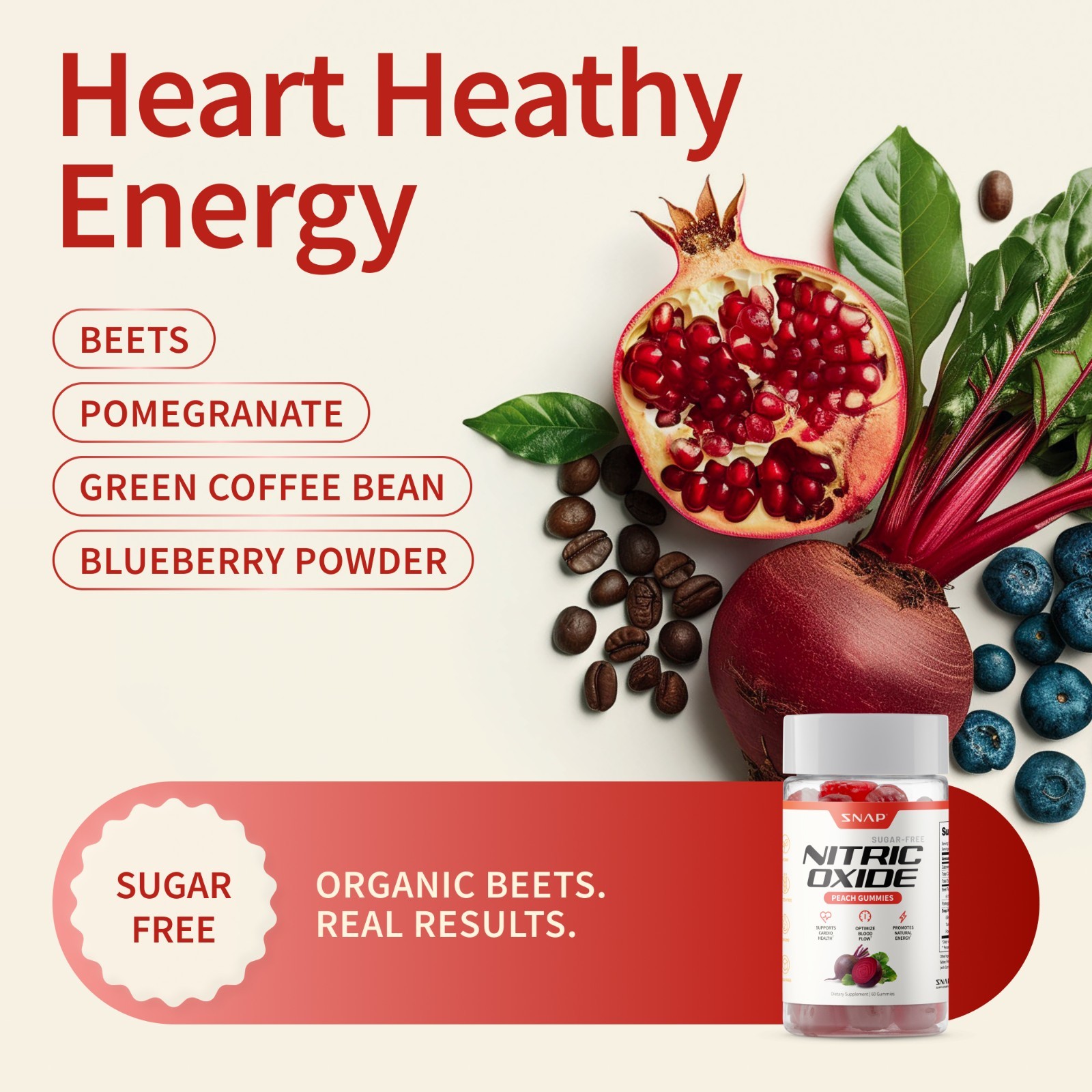 Snap Supplements Nitric Oxide Beet Root Gummies SF, Cherry & Peach, Heart Health