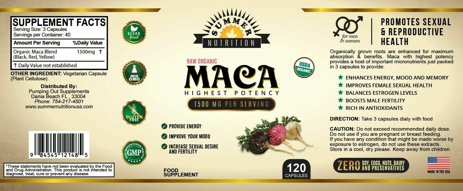 Summer Nutrition – Organic Maca Root Black, Red, Yellow 1500 Mg – 120 Capsules