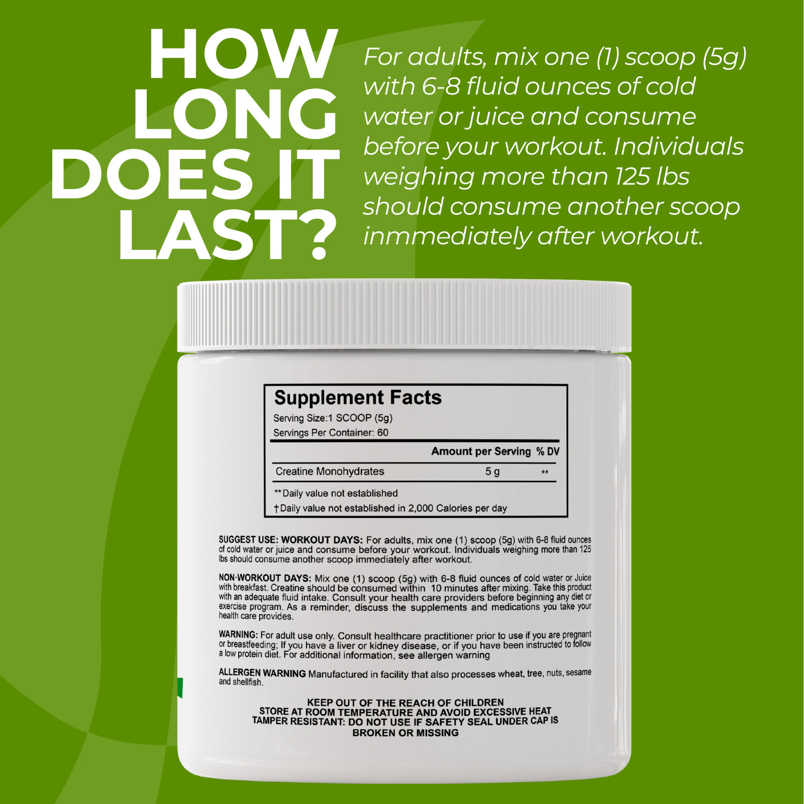 CREATINE Monohydrate Powder – Muscle Build, Strength Improvement – 60 Servings