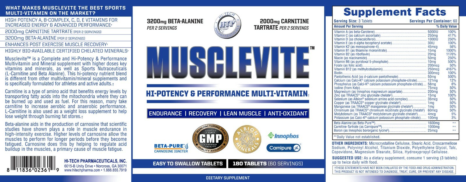 Hi-Tech Pharmaceuticals Musclevite Performance Multivitamin 180 Tablets New