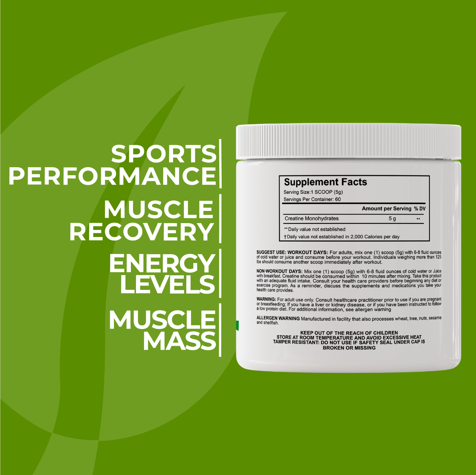 CREATINE Monohydrate Powder – Muscle Build, Strength Improvement – 60 Servings