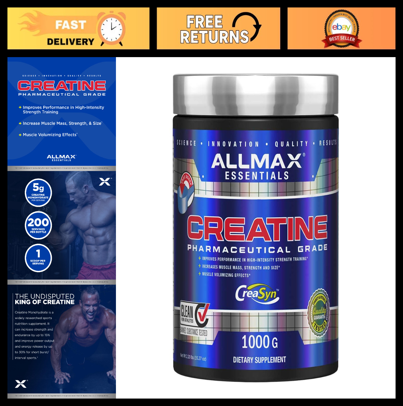 Creatine Powder 1000g – Boost Performance & Training Intensity – Vegan, Gluten F