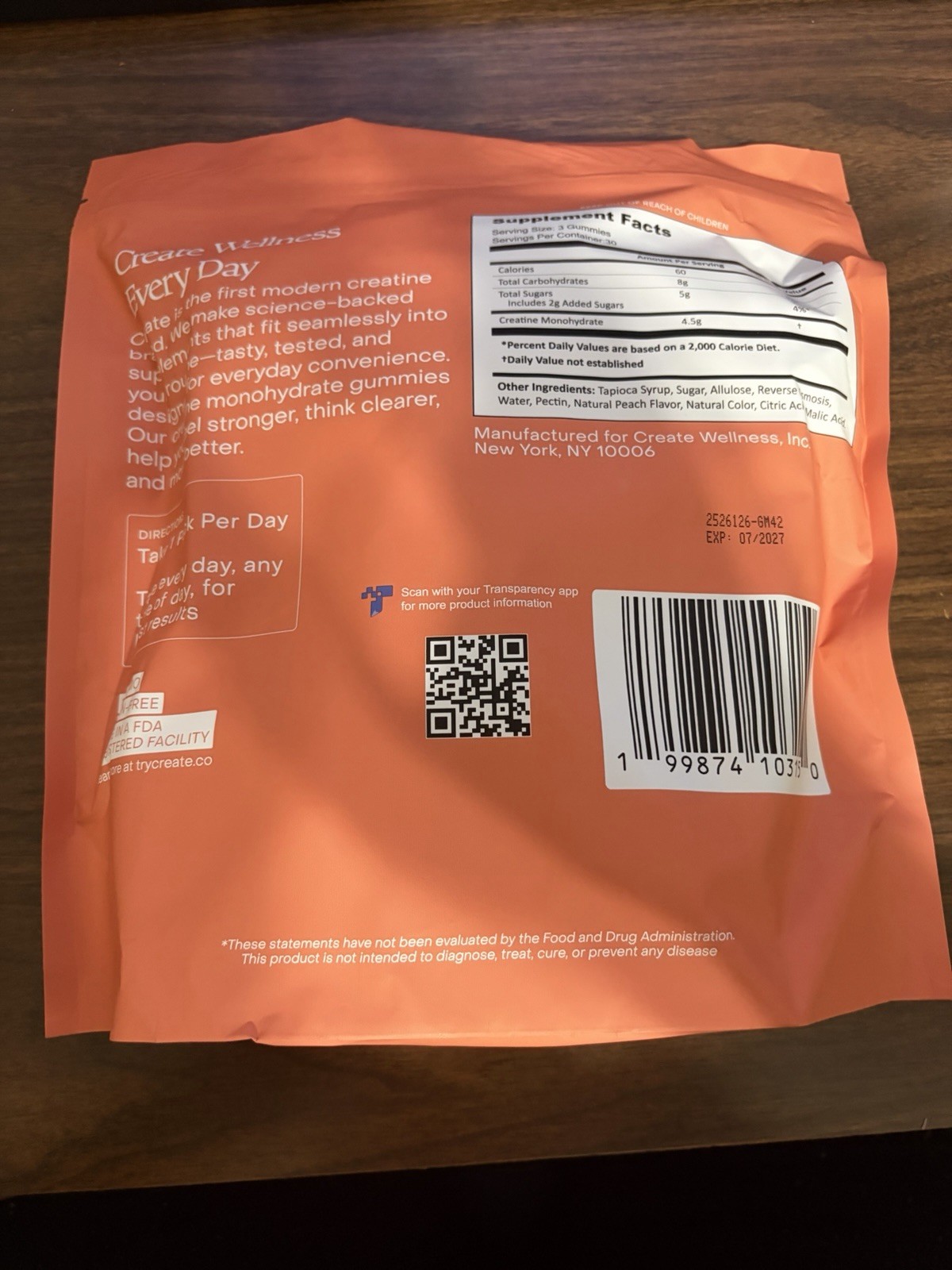 Create Creatine Monohydrate Gummies Orange Flavor 30 Individual Pouch’s