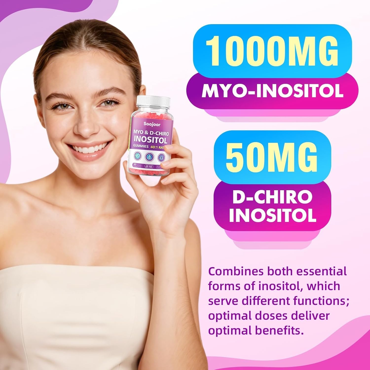 Saajoor Myo-Inositol & D-Chiro-Inositol Gummies with Vitamin D3, Magnesium