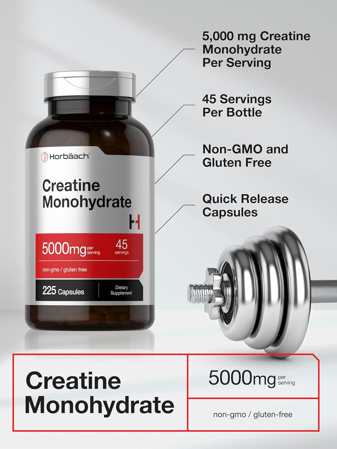 Horbäach Creatine Monohydrate 5000mg 225 Capsules Non-Gmo Gluten Free Supplement