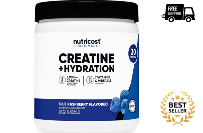 Nutricost Creatine Monohydrate + Hydration Blue Raspberry Flavored (30 Servings)
