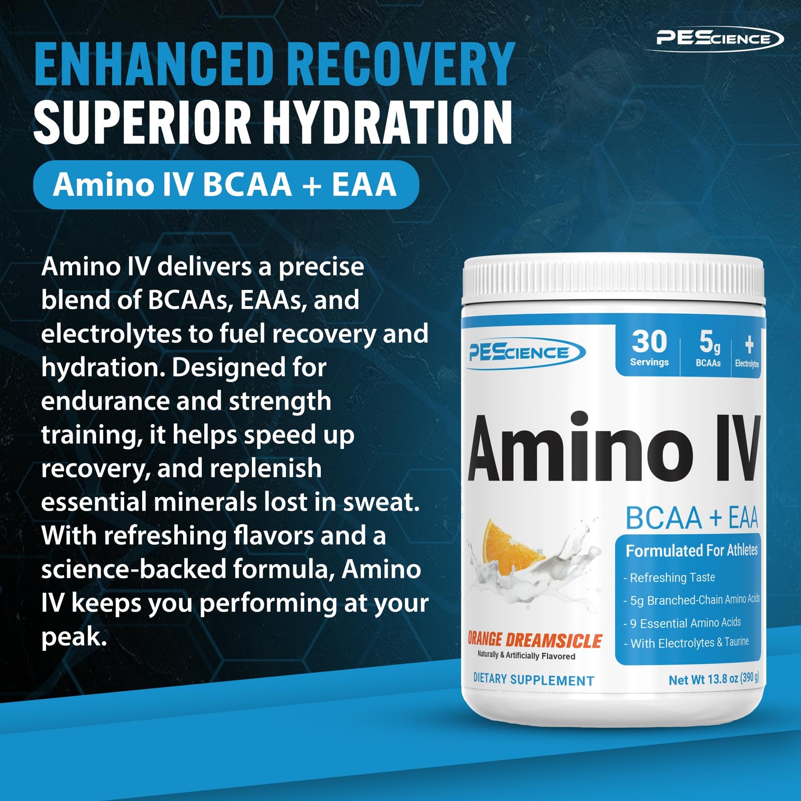 Vegan Amino IV Powder Orange Dreamsicle BCAA EAA 5g Electrolytes 13.4 Ounce