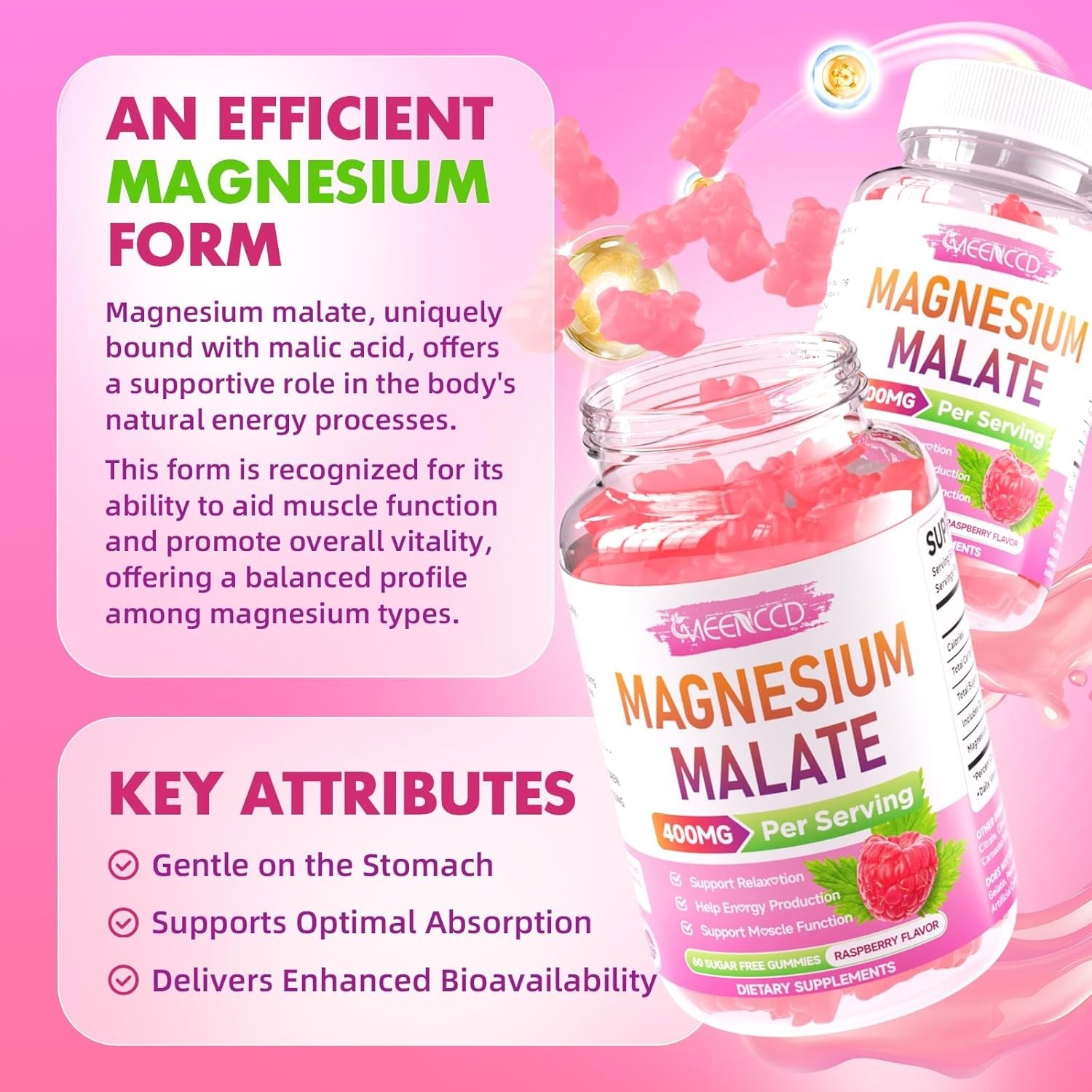 Magnesium Malate Gummies Magnesium 400 mg High Absorption Magnesium Mineral 60ct
