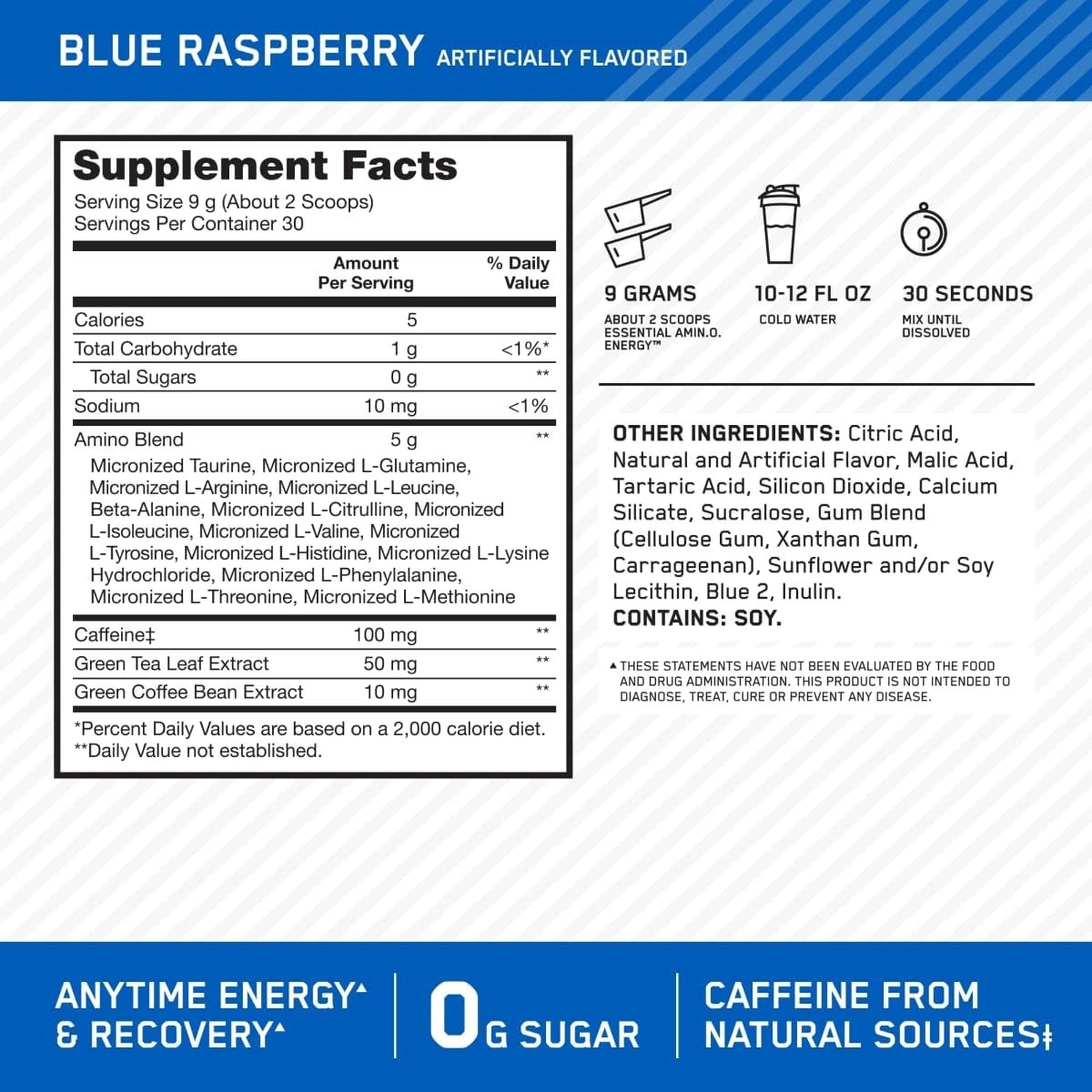 Pre Workout Energy Powder w. Green Tea & Coffee Extract – Blue Raspberry Flavor