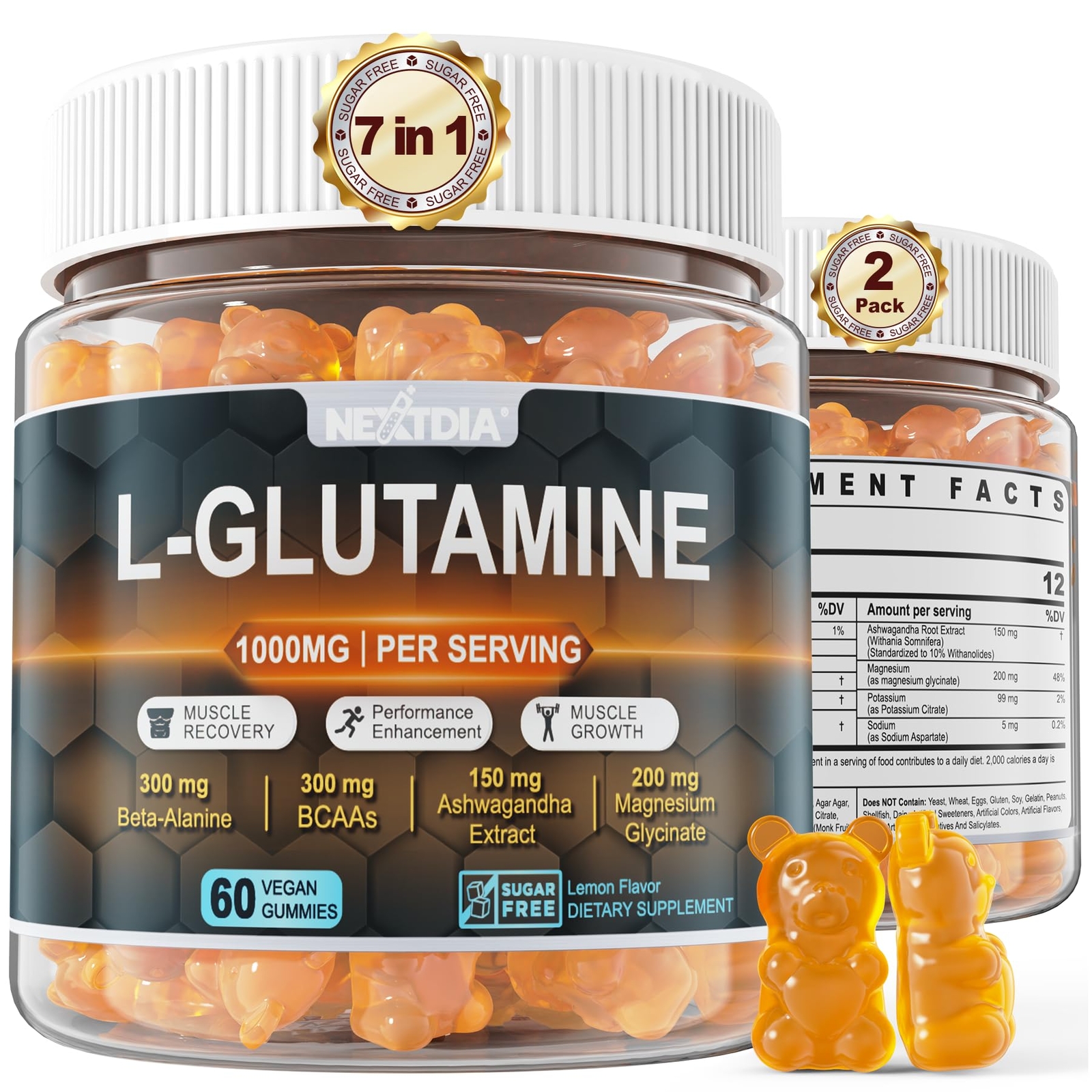 L-GLUTAMINE Gummies for Muscle Recovery Growth Potassium 1000mg NEXTDIA