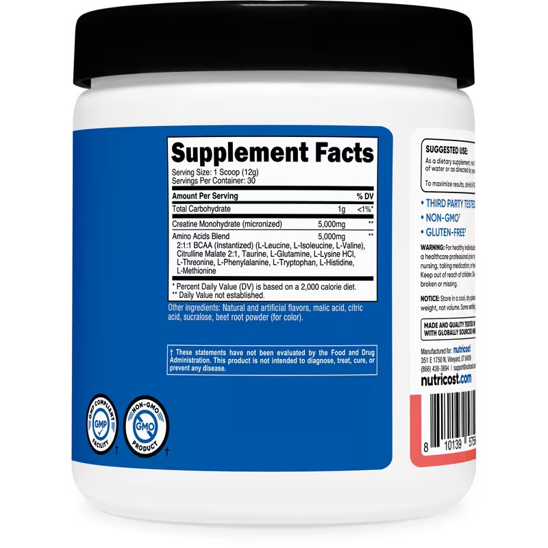 Nutricost Creatine Monohydrate Aminos Powder Watermelon 30 Servings Unisex