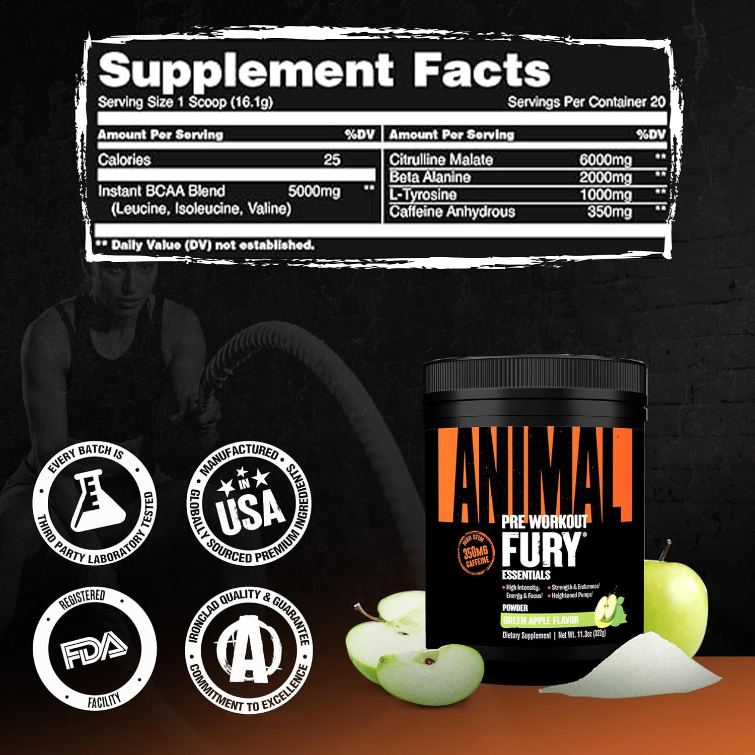 Fury Pre Workout Powder – Green Apple, 350Mg Caffeine, BCAA Amino Acids, 2G Beta