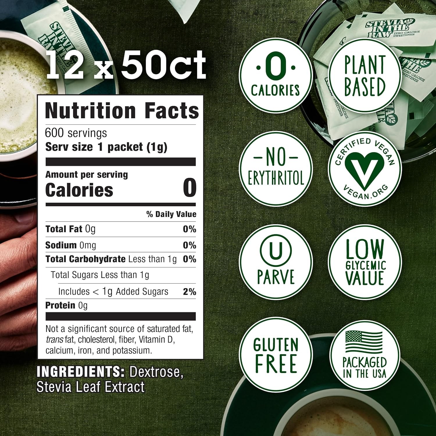 Stevia In The Raw, Plant Based Zero Calorie, Sugar 50 Count (Pack of 12)