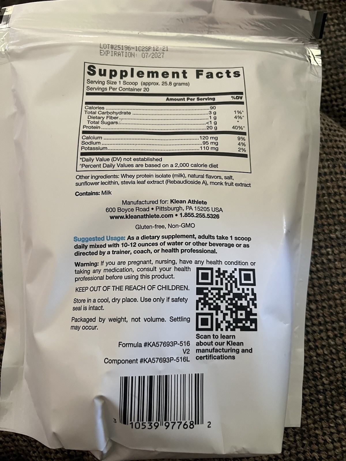 Klean ATHLETE Klean Isolate Whey Protein 20 Servings Natural Vanilla