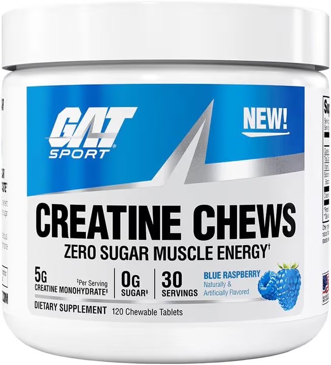GAT Sport Creatine Chews Blue Raspberry 30 Servings (120 Tabs) Zero Sugar