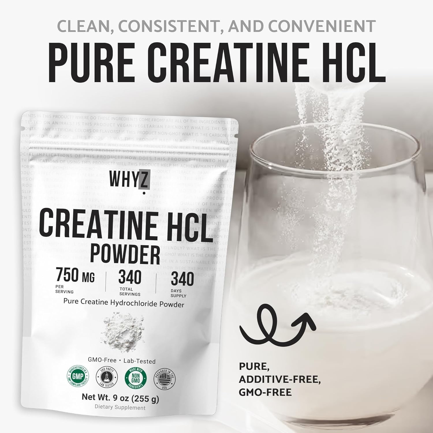 Whyz Pure Creatine HCL Powder Unflavored HCL Creatine Supplement Mix Non-GMO