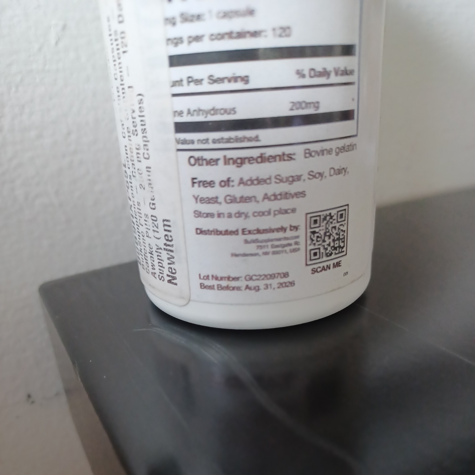 BulkSupplements Caffeine Capsules (200 mg) 120ct – 200mg Per Serving Exp 8/31/26