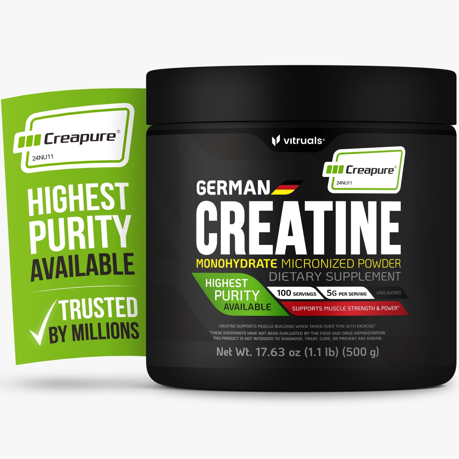 VITRUALS Creapure Creatine Monohydrate Powder – 17.63oz (1.1lb) (500g) German…