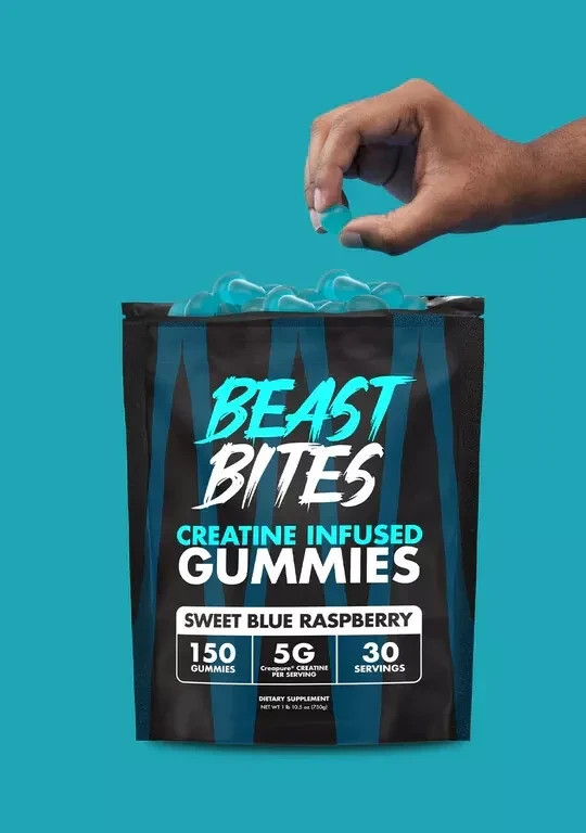 3 PACKS-Beast Bites Creatine Infused Gummies Sweet Blue Raspberry – 30 Servings