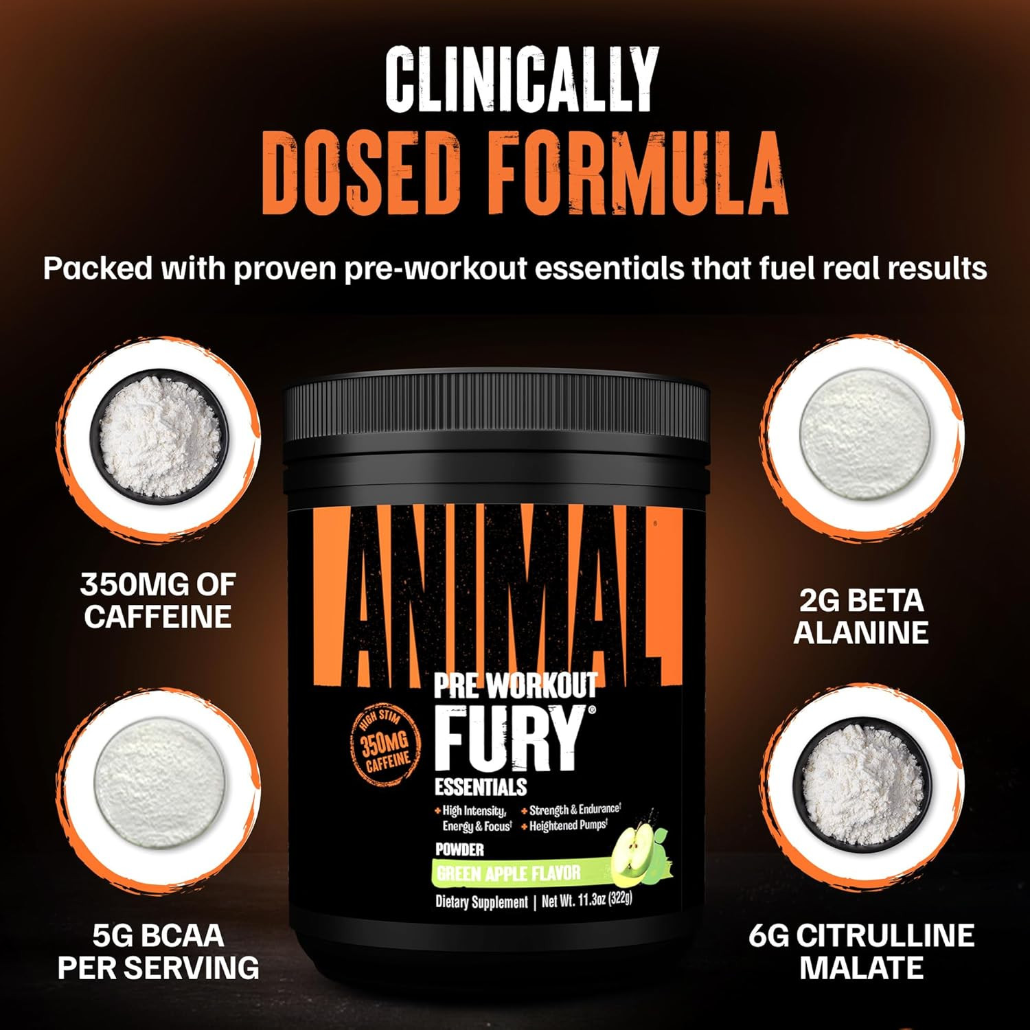 Fury Pre Workout Powder – Green Apple, 350Mg Caffeine, BCAA Amino Acids, 2G Beta
