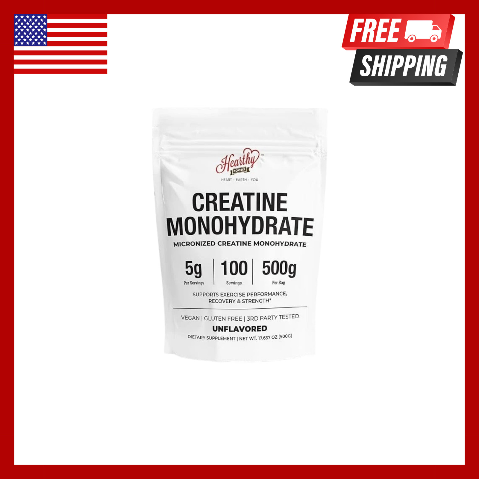 HEARTHY FOODS Creatine Monohydrate Micronized Powder 500G – 100 Servings, 5000mg