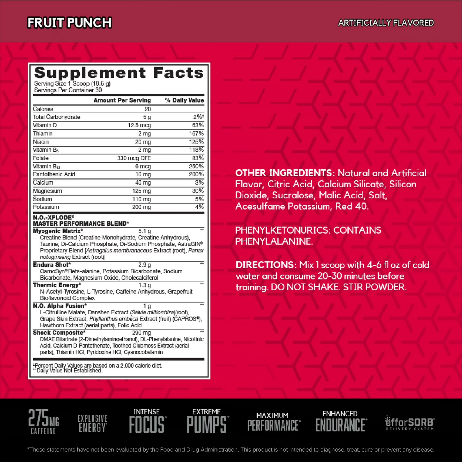 BSN N.O.-Xplode Pre Workout Powder Fruit Punch 30 Servings Energy Performance