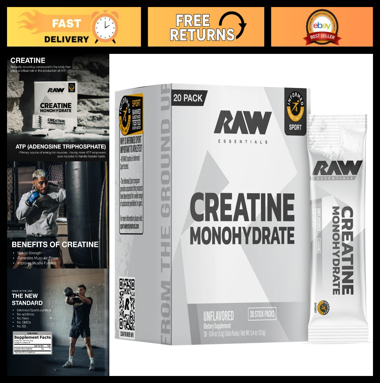 Micronized Creatine Monohydrate Stick Packs – Unflavored, 5g for Muscle Strength