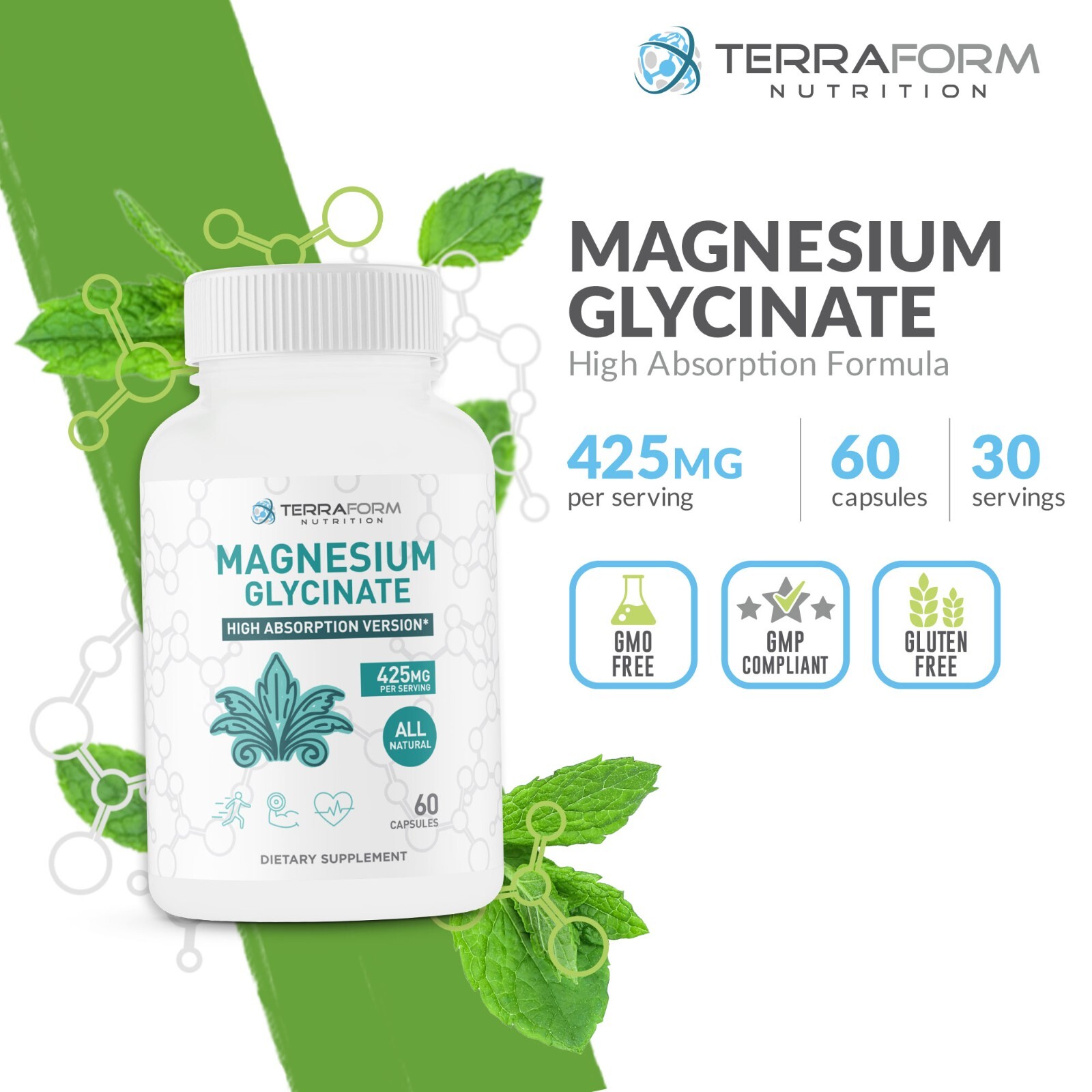 Advanced Magnesium Glycinate 425mg, 100% Chelated, 60 Capsules – Promotes Restfu
