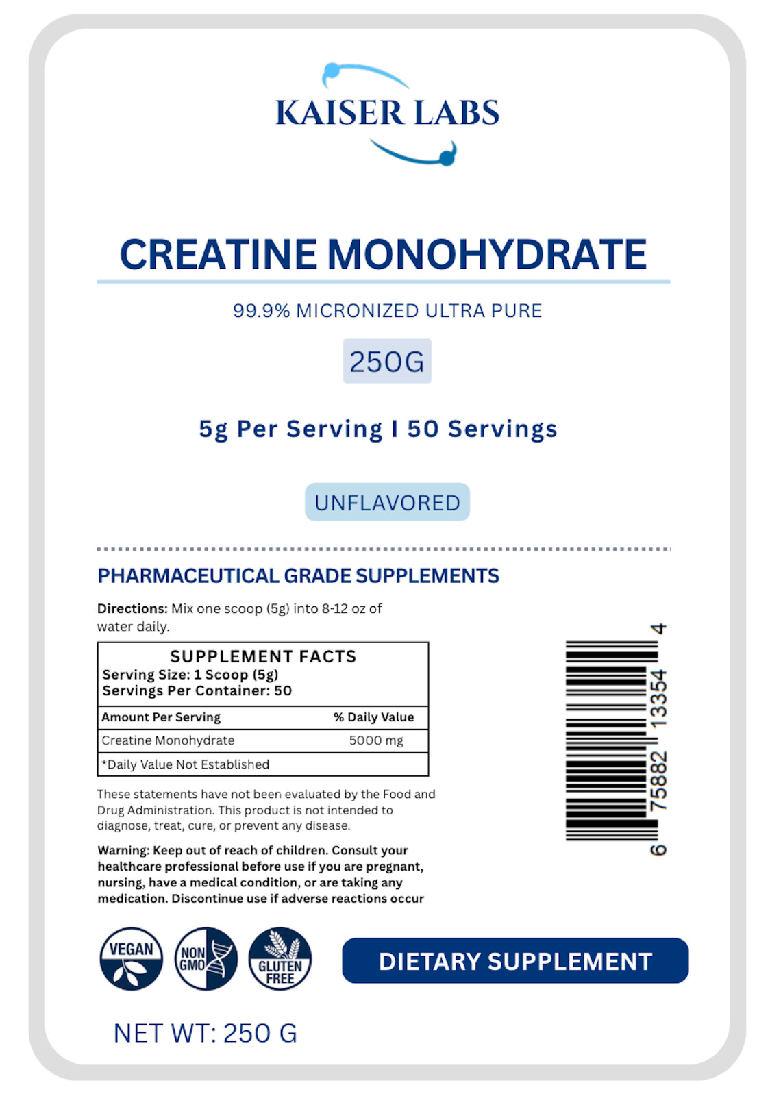 Creatine Monohydrate Powder 250g – 99.9% Micronized – 50 Servings