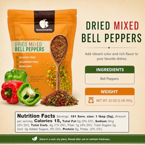 Gourmanity Dried Red & Green Bell Peppers Mix, Diced, 32 oz Bulk Resealable Bag