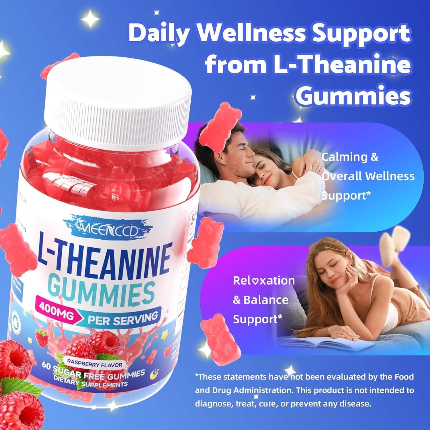 MEENCCD L-Theanine Gummies 400mg, Sugar-Free L-Theanine Supplement for Focus