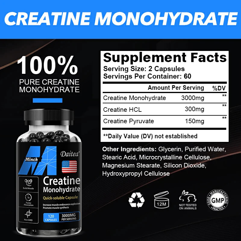 Creatine Monohydrate Capsules 3000mg, 30/60/120 Capsules, Muscle Explosion