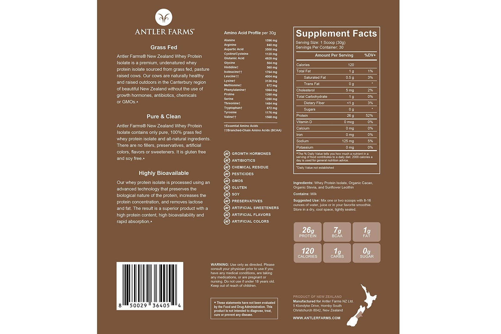 Grass Fed New Zealand Whey Protein Isolate, Chocolate Flavor, 2 lbs
