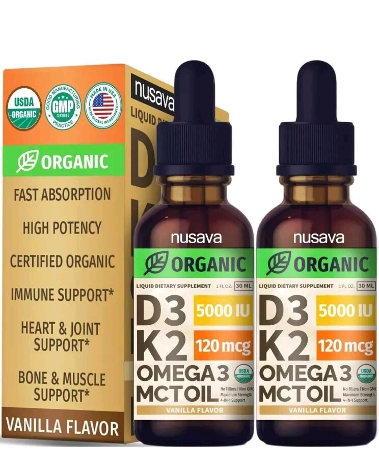 2 Pack Organic Vitamin D3 K2 Drops w MCT Oil Omega 3,5000 IU Vanilla Flavor, 2OZ