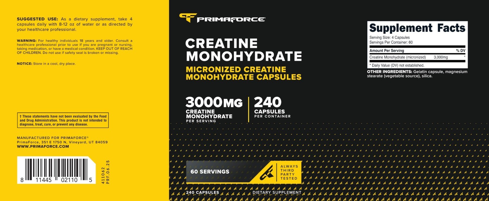 Creatine Monohydrate Capsules 3000mg – 240 Count, Gluten-Free, Non-GMO, Muscle B