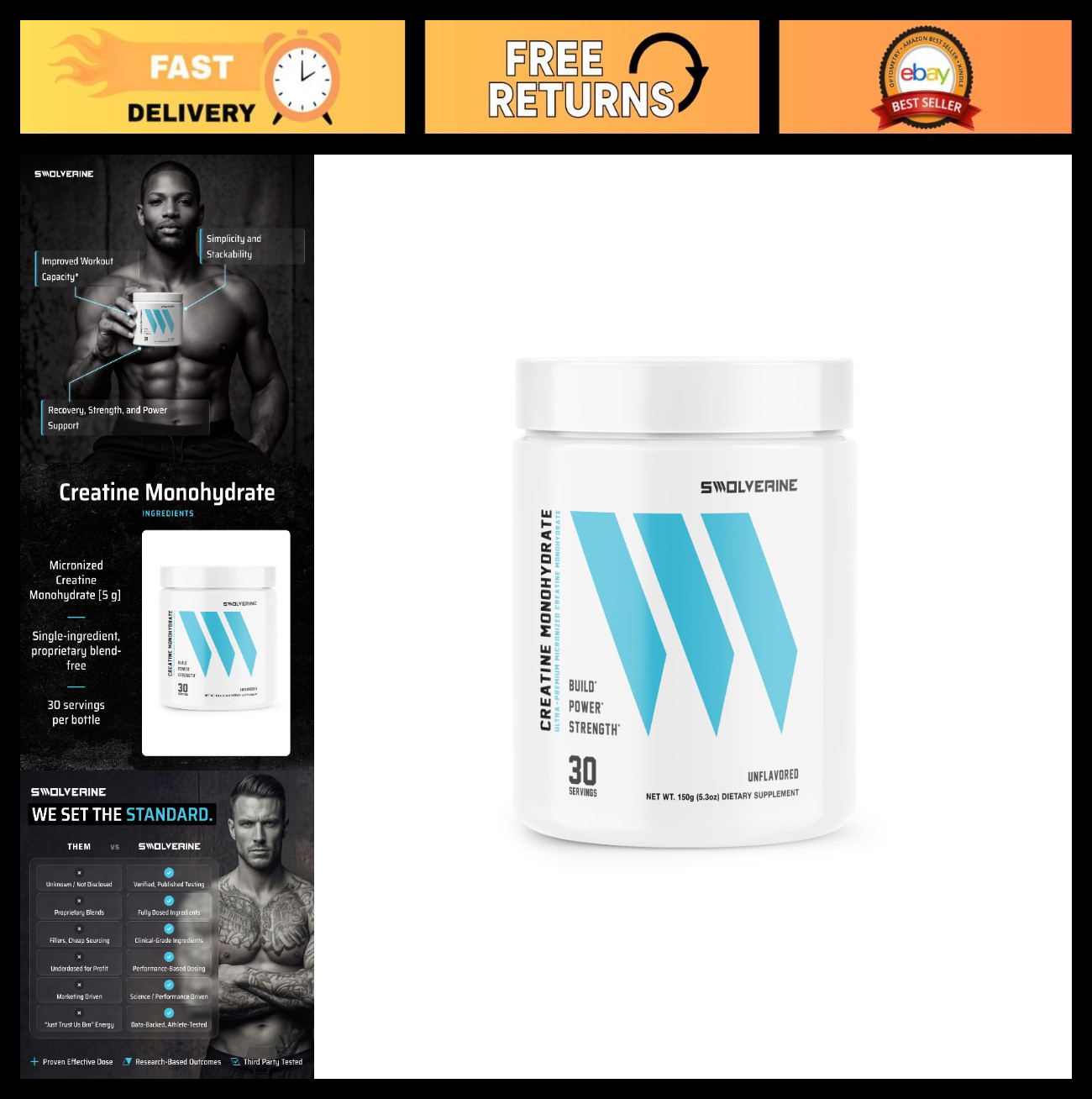 Micronized Creatine Monohydrate Powder – 5g, 30 Servings, Muscle Strength & Reco