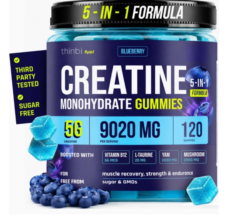 Thinbi Creatine Gummies 120 Count 5g Creatine Sugar Free Blueberry Exp 2028