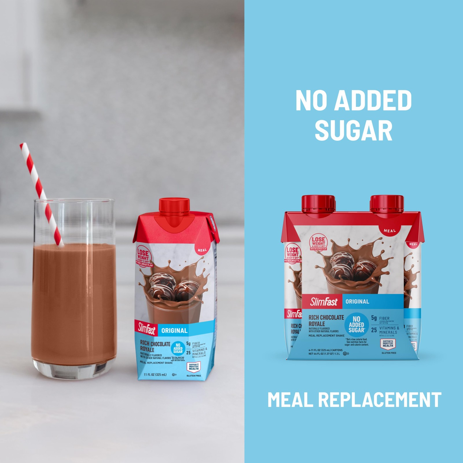 SlimFast Meal Replacement Shake, Rich Chocolate Royale, No Added Sugar, 12-Pack