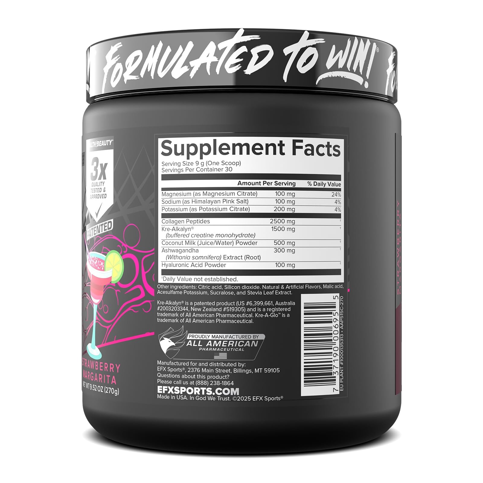 EFX Sports Kre-A-Glo Creatine Strawberry Margarita Collagen Ashwagandha 30 serve